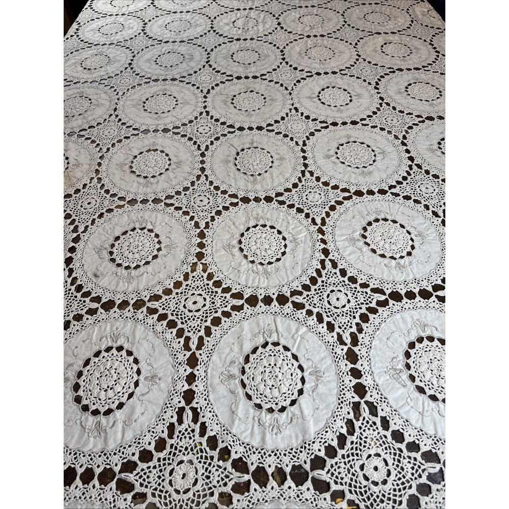 Vintage Hand Crochet Lace Linen Embroidered Banquet Tablecloth Heirloom 113x60